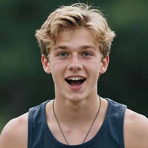 Photograph of a smiling young boy with short, tousled blonde hair, blue eyes, wearing a sleeveless dark blue shirt and a thin necklace,