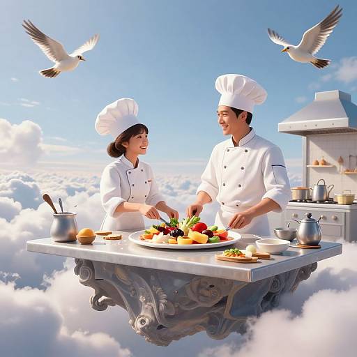 Digital illustration of two Asian chefs in white uniforms, preparing a colorful meal on a floating marble table amidst clouds, with two seagulls flying above.