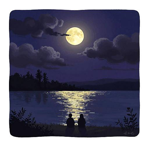 Digital artwork of a silhouetted couple sitting by a moonlit lake, reflecting the full yellow moon and dark clouds above.