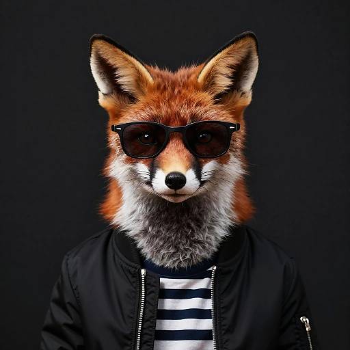 Photorealistic digital art of a fox with orange fur, black sunglasses, black jacket, and striped shirt, against a black background.