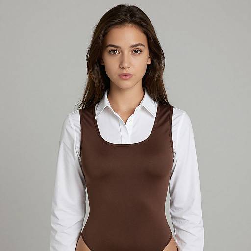 Photograph of a young woman with long dark hair, wearing a white long-sleeve shirt under a brown sleeveless bodysuit, against a