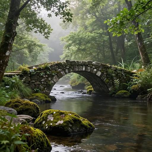 Photograph of a moss-covered stone arch bridge over a reflective, shallow forest stream, surrounded by lush green trees and foliage.