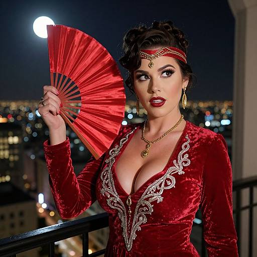 Photograph of a dark-haired woman with red lipstick, wearing a low-cut red velvet dress with gold embroidery, holding a red fan, standing on a