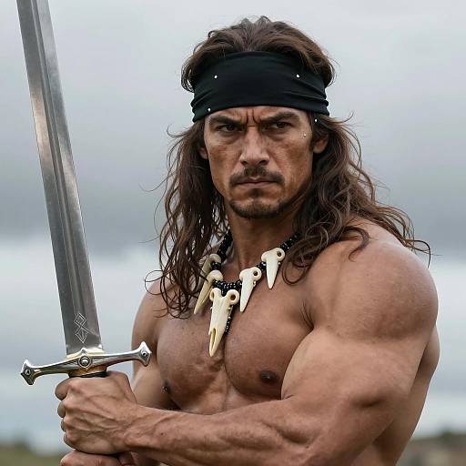 Muscular Warrior with Sword and Bone Necklace