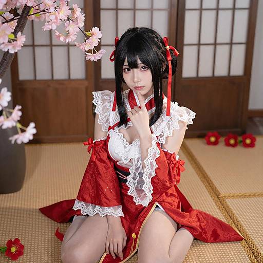 Asian Woman in Red Lace Cosplay