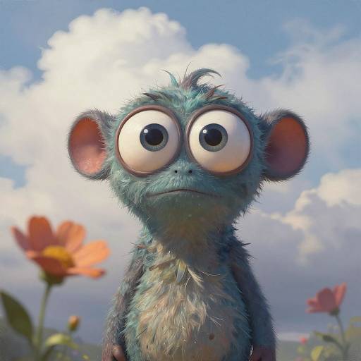 CGI digital illustration of a blue, furry, wide-eyed monkey with large ears, standing against a bright blue sky with fluffy clouds and colorful flowers in