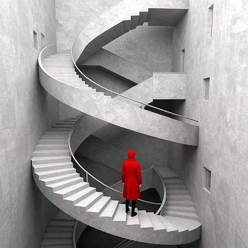 Photograph of a person in a vibrant red hooded cloak, standing on a spiraling, white concrete staircase, with a black bag beside them,