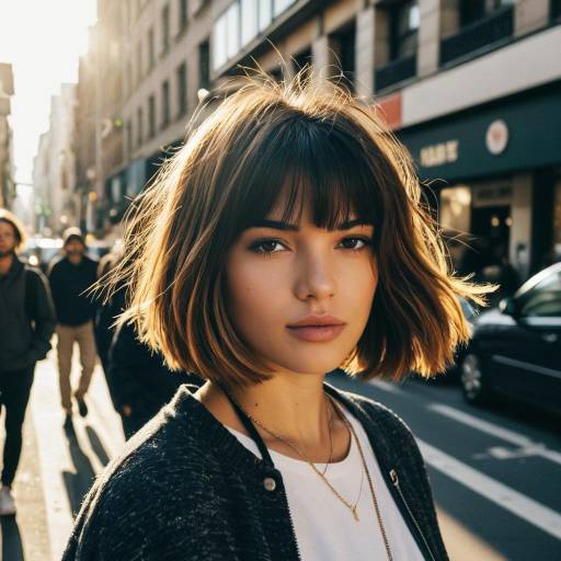 Woman with Shaggy Bob Hairstyle in City Street