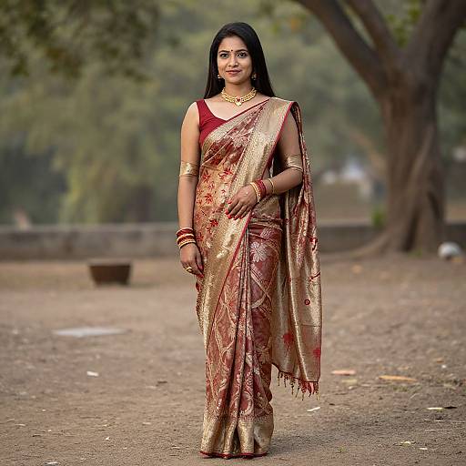 Photograph of a confident Indian woman with dark hair, wearing a gold and red floral saree, traditional jewelry, standing in a park.