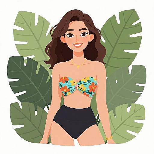 Digital illustration of a smiling woman with long brown hair, wearing a colorful floral bikini top and black high-waisted bottoms, standing against large green tropical