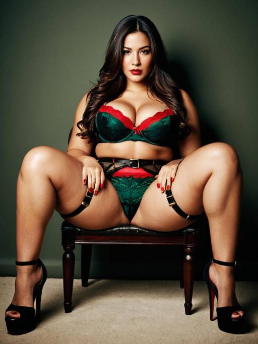 Curvy Woman in Black and Red Lace Lingerie Sitting on Chair