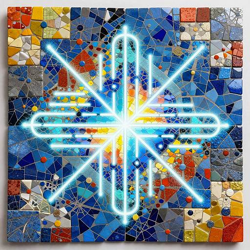 Abstract digital artwork featuring a glowing white starburst over a mosaic of colorful, fragmented squares in blue, red, and yellow.