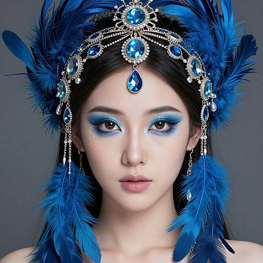 Photograph of an Asian woman with blue eyeshadow, wearing a jeweled blue feather headpiece, featuring blue and silver ornaments.