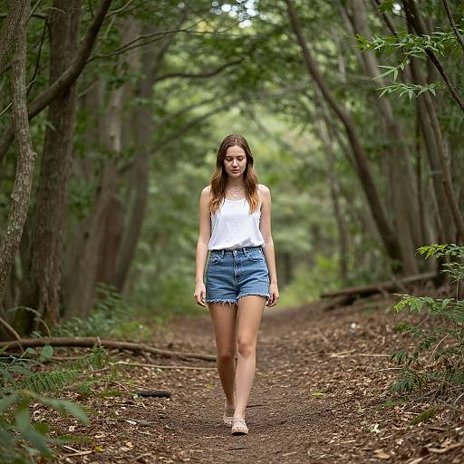 Photograph of a young woman with long brown hair, wearing a white tank top and blue denim shorts, walking down a forest path. Green trees frame