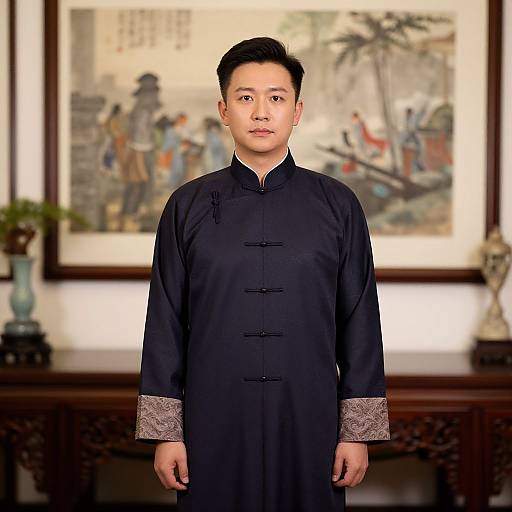 Photograph of an East Asian man with short black hair, wearing a black traditional Chinese qipao with silver embroidery, standing in front of a blurred