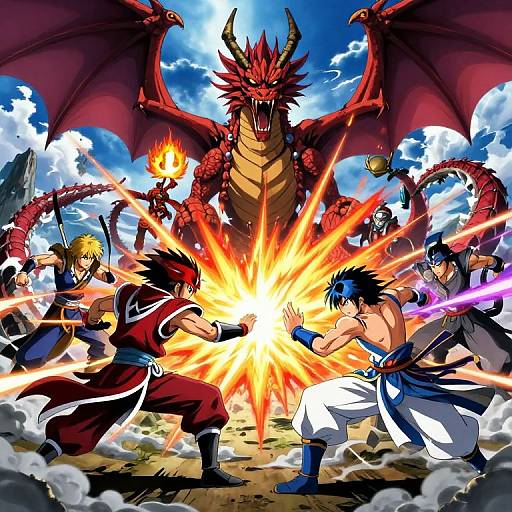 Dynamic anime battle scene: five martial artists face a towering red dragon, with a radiant explosion at the center. Vibrant colors, intense action, dramatic