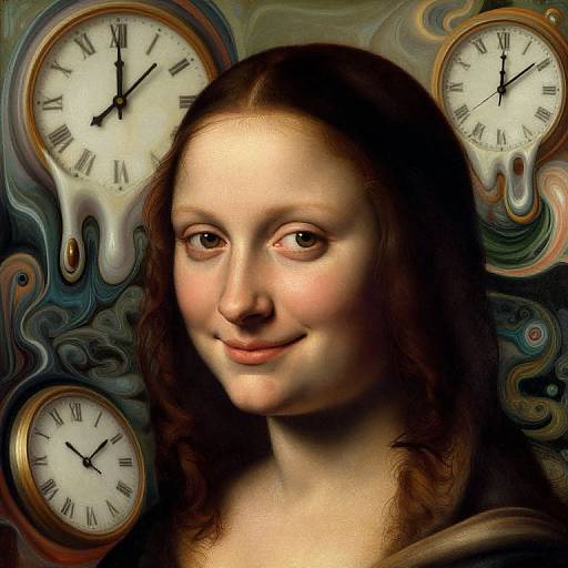Digital artwork of a smiling young woman with fair skin and brown hair, surrounded by three melting clock faces with Roman numerals. Background features abstract, swirling