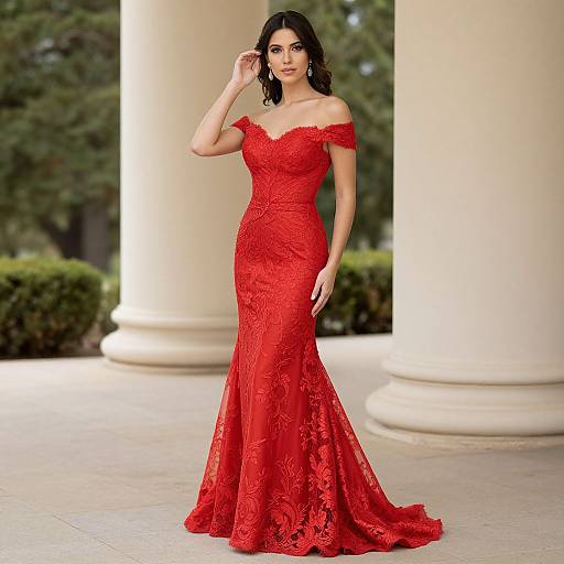 Photograph of a confident woman with dark hair in an off-the-shoulder, red lace gown, standing under neoclassical columns in a