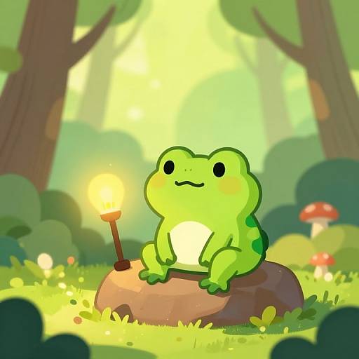 Cartoon Frog on Rock with Mushroom Lamp