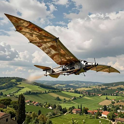 Vintage biplane with tattered brown wings soaring over lush green hills and scattered houses under a partly cloudy sky. Photograph.