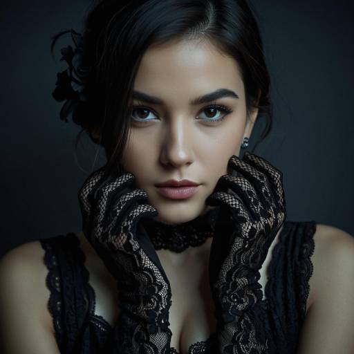 Elegant Woman in Black Lace Gloves