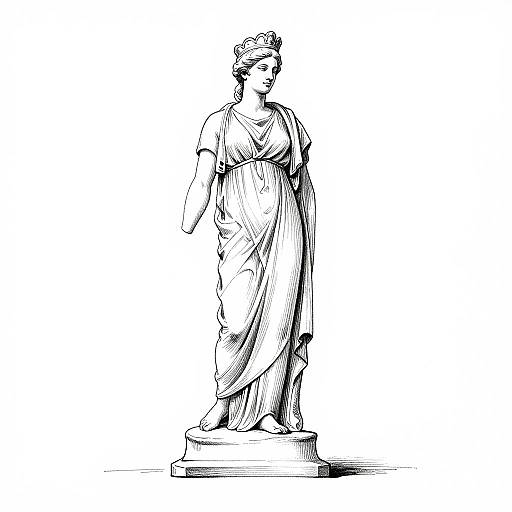 Black and white line drawing of a classical statue of a woman in a flowing gown, standing on a pedestal, looking to the right.