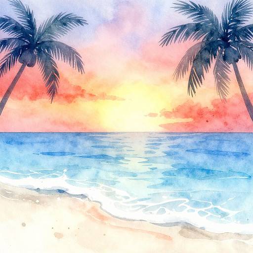 Watercolor-style painting of a serene beach at sunset, featuring two tall palm trees, a vibrant pink-orange sky, and calm blue waves reflecting sunlight.