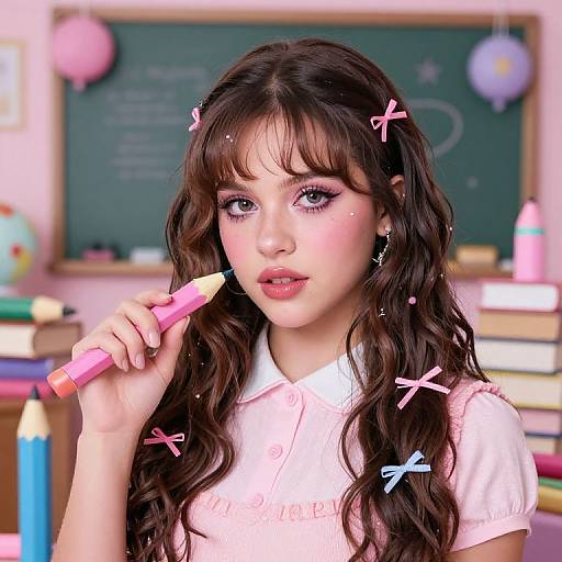 Digital anime-style drawing of a cute young girl with long brown hair, pink bow clips, wearing a pink shirt, holding a pink pencil, in a