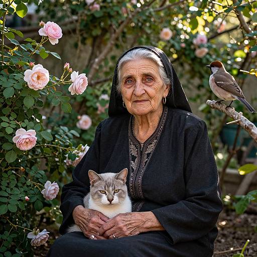 Photograph of elderly woman in black veil and dress, holding gray cat, with pink roses and bird on branch in background.