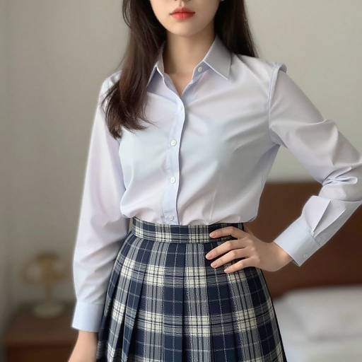 Photograph of an Asian woman with long black hair, wearing a white button-up shirt and a blue plaid skirt, standing with one hand on her