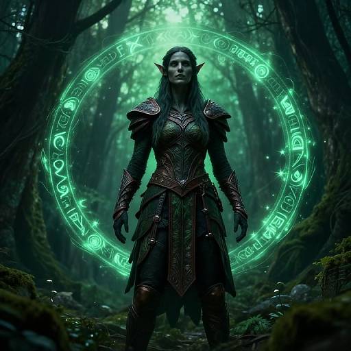 Digital fantasy artwork of a dark elven warrior with pointed ears, glowing green magical circle, and intricate armor in a misty forest.
