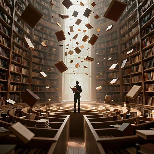 Digital art: Silhouetted figure stands in center of massive, dimly lit library with books floating upward, illuminated by bright light from the background