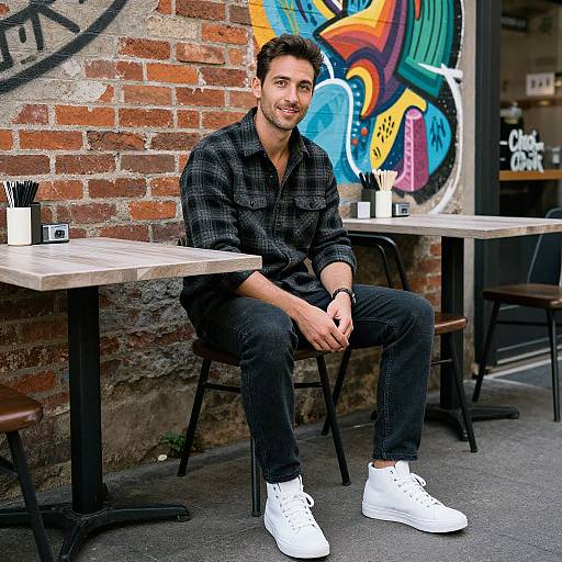 Photograph of a smiling man with short dark hair, wearing a black checkered shirt, black jeans, and white sneakers, sitting at a rustic outdoor
