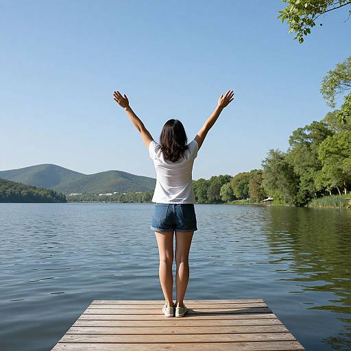 Triumphant Woman at Serene Lake Dock