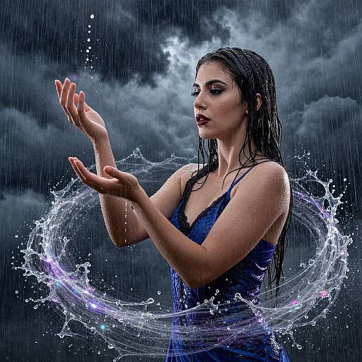 Photograph of a wet, dark-haired woman in a blue dress, hands raised, surrounded by a glowing, water vortex against a stormy, cloudy