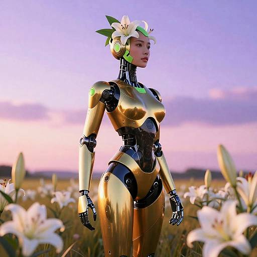 Futuristic Female Robot in Lily Field at Sunset