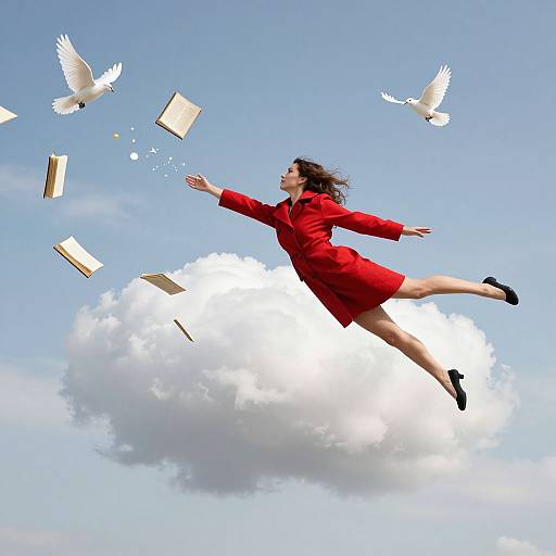 Photograph of a woman in a red dress and black shoes, floating above a cloud, releasing open books and paper to flying white doves in a