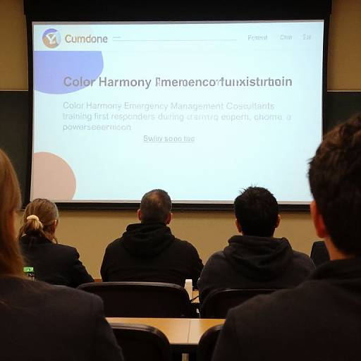 Photograph of a lecture hall with six people, backs to the camera, watching a presentation on a large screen displaying 