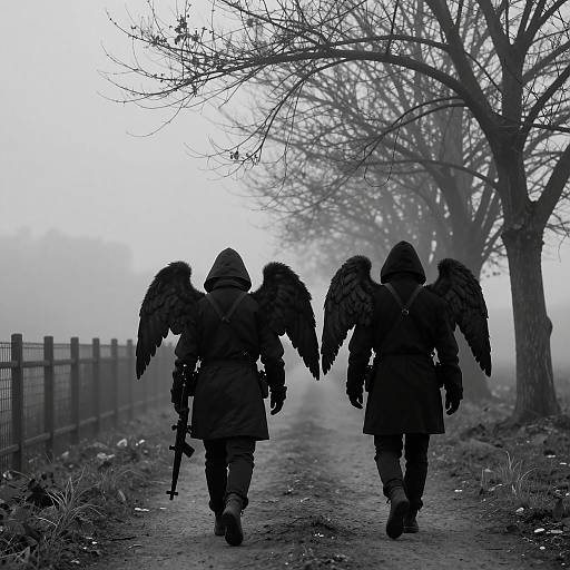 Dark Winged Figures Walking on Foggy Path