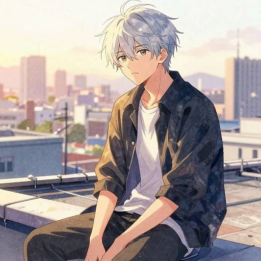 Anime-style digital drawing of a silver-haired, gray-eyed teenage boy in a black jacket and white shirt, sitting on a rooftop at sunset, with a