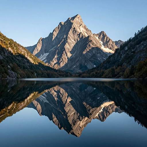 Photograph of a majestic mountain with sharp peaks, reflecting perfectly in a calm, glass-like lake under a clear blue sky.
