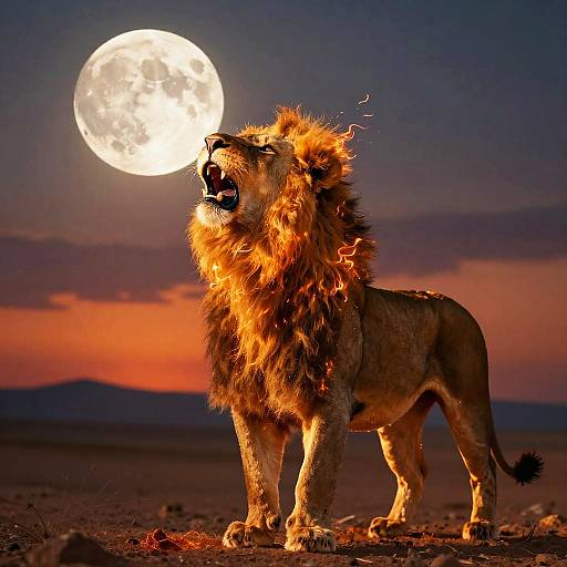 Photograph of a roaring male lion with a glowing mane against a full moon in a twilight desert landscape.