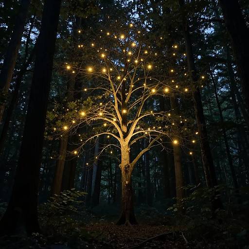 Photograph of a tree in a dark forest, illuminated by numerous glowing yellow fairy lights, creating a magical, enchanting nighttime scene.