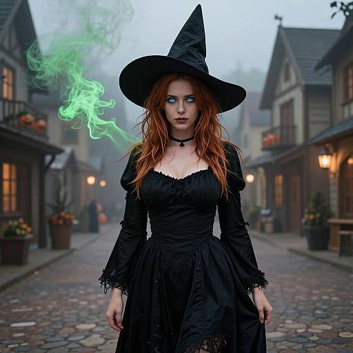 Digital art: Witch with glowing blue eyes, red hair, black dress, and hat, smokes green mist in a foggy, cobblestone