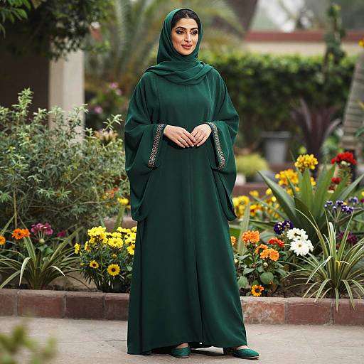 Photograph of a smiling woman in a dark green hijab and long kaftan, standing in a vibrant, flower-filled garden.