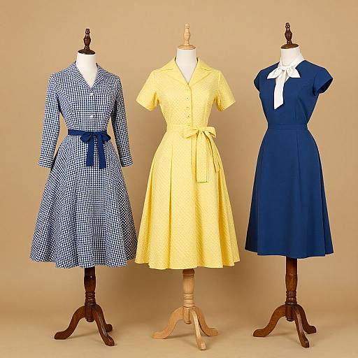 Photograph of three vintage-style dress mannequins: left blue check, middle yellow, right navy blue, each with white collars, against