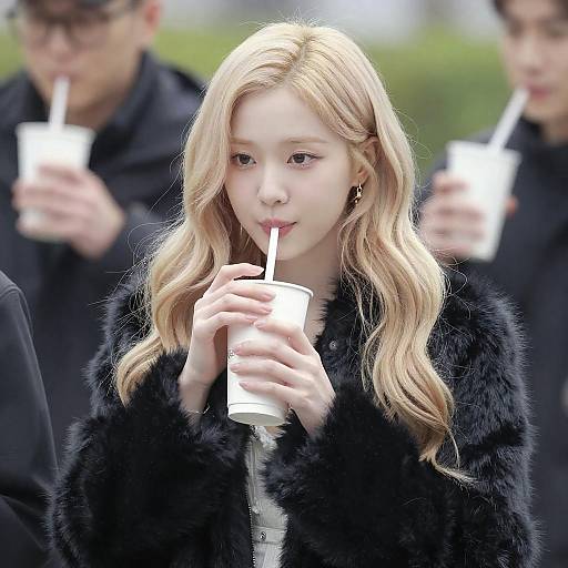 Young Woman in Black Fur Coat Sipping