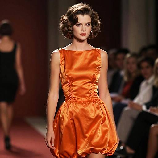 Photograph of a fashion runway model with short, wavy brown hair, wearing a vibrant orange, sleeveless satin dress, walking confidently.