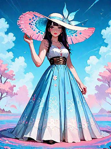 Elegant Woman in Blue Summer Dress and Wide-Brimmed Hat