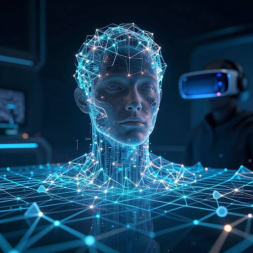 Digital CGI of a glowing blue wireframe human head with interconnected nodes, set against a dark, futuristic background with a VR headset.